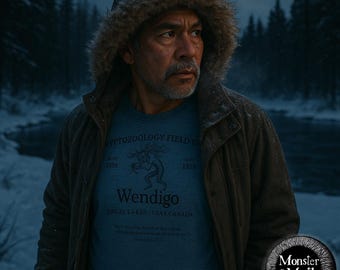 Può includere: Un uomo indossa una giacca marrone con cappuccio e una maglietta blu con un'immagine di una creatura e il testo "Cryptozoology Field Guide 1896 - 1978 Wendigo Great Lakes USA CANADA".