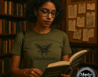 May include: A woman wearing a green t-shirt with a mothman graphic and the text "Cryptozoology Field Guide 1965-1967" is reading a book titled "Encyclopedia Cryptids". The book cover features a black and white illustration of a mothman. The background features a bookshelf and a corkboard with the text "Mothman Sightings".
