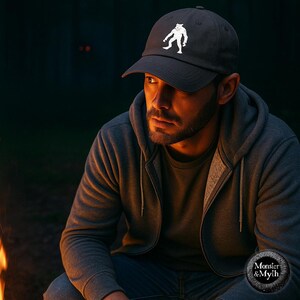 May include: A dark gray baseball cap featuring a white illustration of a mythical creature. The cap is worn by a person in a gray hooded sweatshirt. The image has the text "Monster & Myth" in the lower right corner.