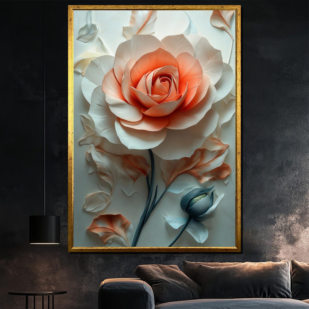 Biomorphic Peach-and-white Rose Relief on Canvas Painting – Elegant ...