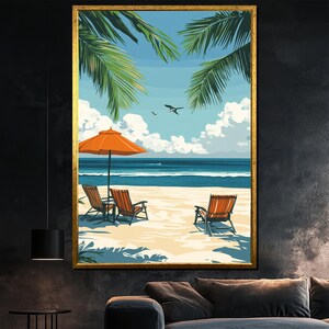 Toile de style carte postale de plage tropicale - Scène côtière relaxante avec un abat-jour en forme de palmier et des chaises pour une décoration cadeau estivale