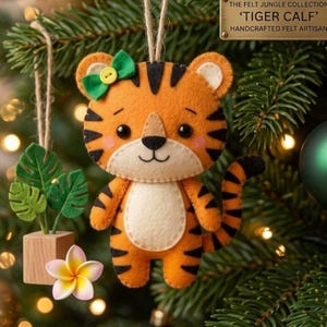 May include: A handcrafted felt tiger cub ornament with orange and black stripes, a green bow, and a cream-colored belly. The ornament hangs from a twine string on a Christmas tree. A small wooden planter with green felt leaves and a flower are also visible.