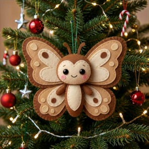 May include: A handmade butterfly ornament with a smiling face, crafted from layered felt in shades of brown and cream. The butterfly is hanging on a Christmas tree decorated with red ornaments and lights, creating a festive holiday scene.