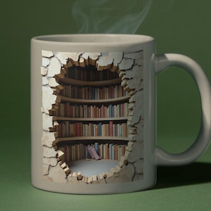 3D Bookshelf Mug Wrap: Book Lover Coffee Mug Design (SVG, PNG)