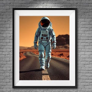 Arte murale surreale trendy dell'astronauta Scena retro della strada su Marte, download digitale funky sci-fi, decorazione spaziale estetica
