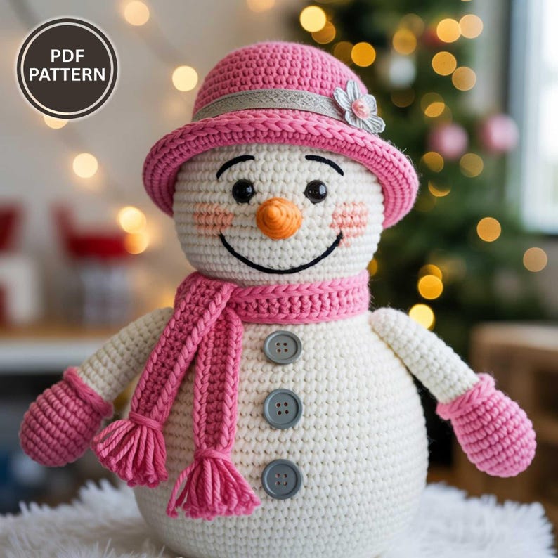 Easy beginner crochet pattern PDF for Amigurumi Snowman toy, perfect for DIY handmade gifts, nursery decor projects