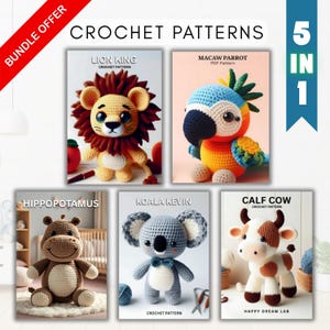 Könnte beinhalten: Eine Sammlung von fünf Häkelmustern mit entzückenden Tierdesigns. Die Muster umfassen einen Löwen, einen Arara Papagei, ein Nilpferd, einen Koala und eine Kuh. Das Bild enthält den Text "CROCHET PATTERNS" und "BUNDLE OFFER".