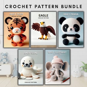 May include: A crochet pattern bundle featuring five baby animal designs: a tiger, eagle, panda, seal, and elephant. Each pattern is presented on a card with the animal's name and the words "CROCHET PATTERN". The text "CROCHET PATTERN BUNDLE" is at the top.