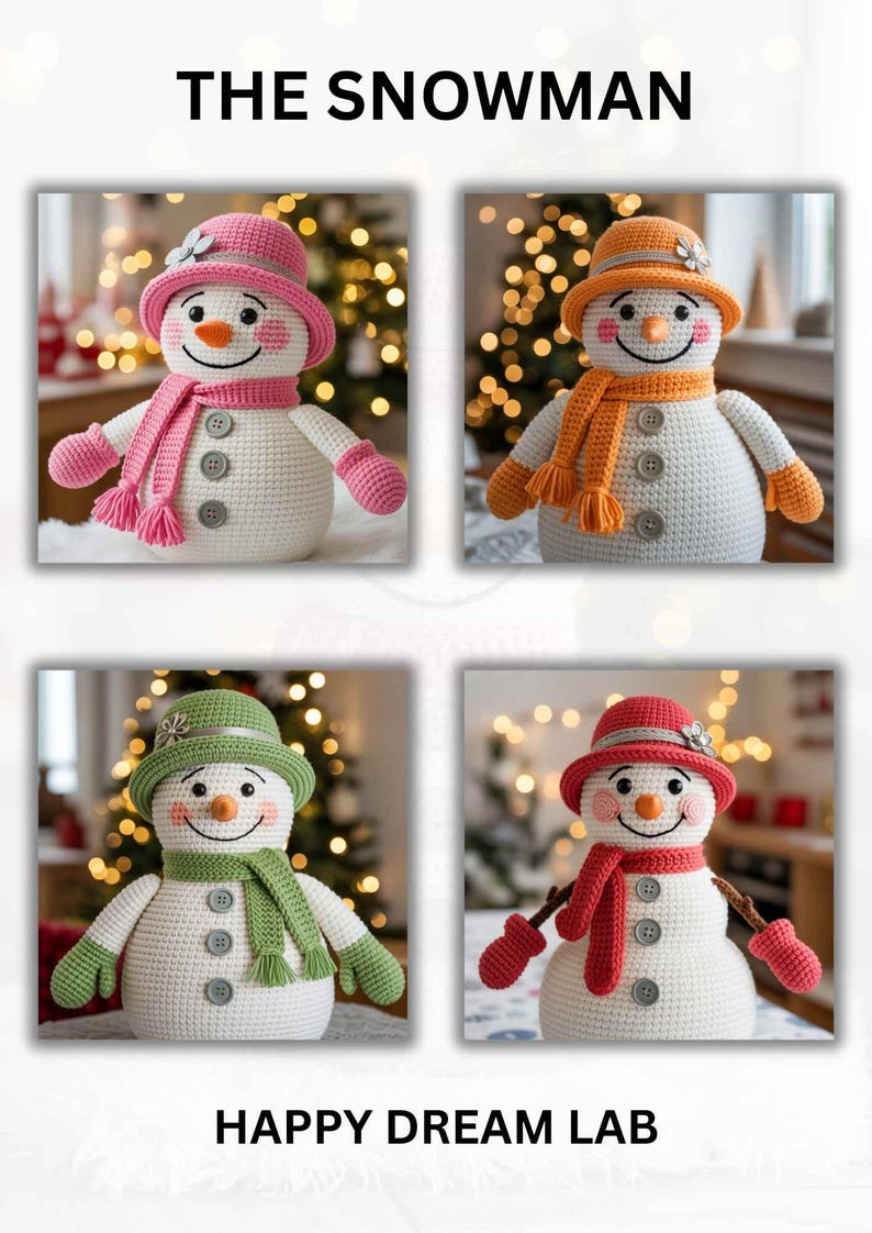 Easy DIY crochet pattern PDF for Amigurumi Snowman toy, handmade gift idea, nursery decor, and beginner-friendly project