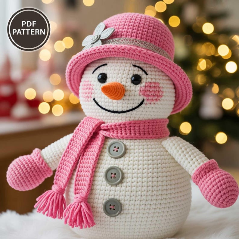 Amigurumi Snowman crochet pattern PDF for easy beginner DIY snowman toy, handmade gift, nursery decor tutorial