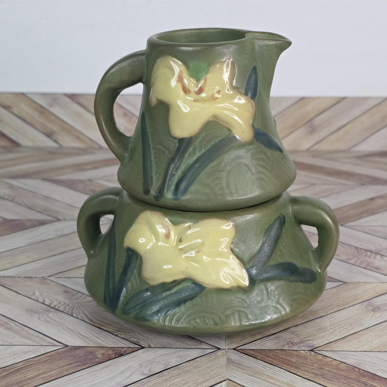 Vintage MCM Roseville Pottery Green Zephyr Lily Sugar Bowl