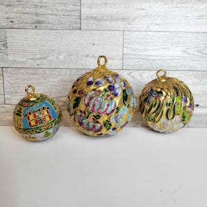 Lot 3 VTG Floral Bird Gold Trees Cloisonné Enameled Christmas Holiday Ornaments