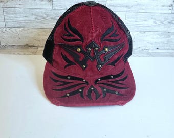 Y2K Affliction Trucker Hat Logo Snapback Red Black Corduroy Distressed OS