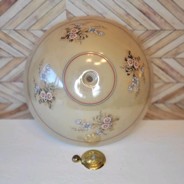MCM Ceiling Mount Handpainted Cream Milk Glass Floral Shade Light Fixture 60's