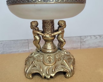 VTG Hollywood Regency Frosted Glass Angel Cherubs Brass Candy Soap Trinket Dish