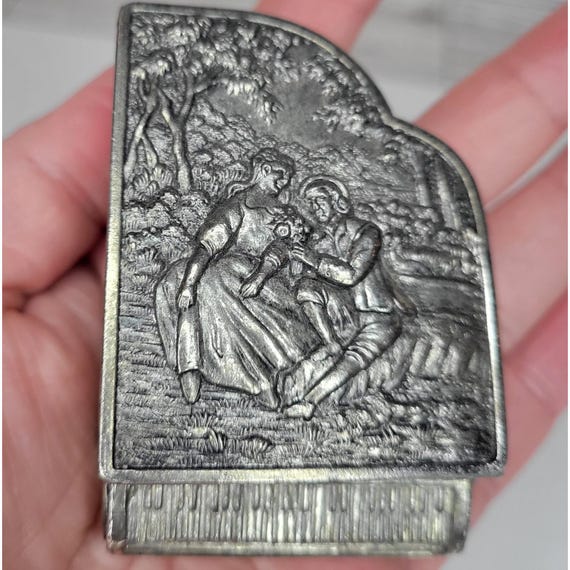 Antique Pewter Trinket Box Grand Piano Hinged Lid Red Velvety