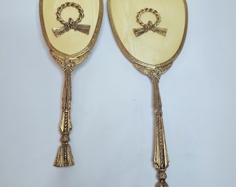 1950's 24k Gold Plated Hollywood Regency Pair Of Vanity Set Brush & Mirror