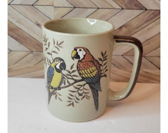 Vintage Otagiri Parrots On Tree Japanese Ceramic Coffee Tea Mug Handpainted