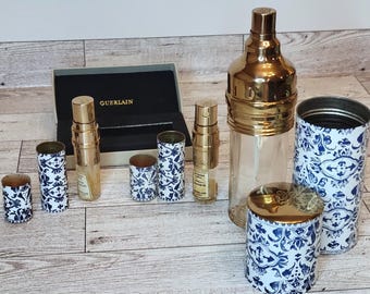 3 1968 Guerlain Chamade Shalimar Refillable Container Blue Damask Perfume Empty