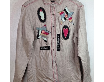 VTG Woolrich Baumwollhemd Bestickt John Rich & Bros Tan M Patchwork Longsleev