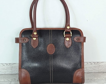 80s Vintage Liz Claiborne Genuine Leather Handbag Black Brown Trim Purse