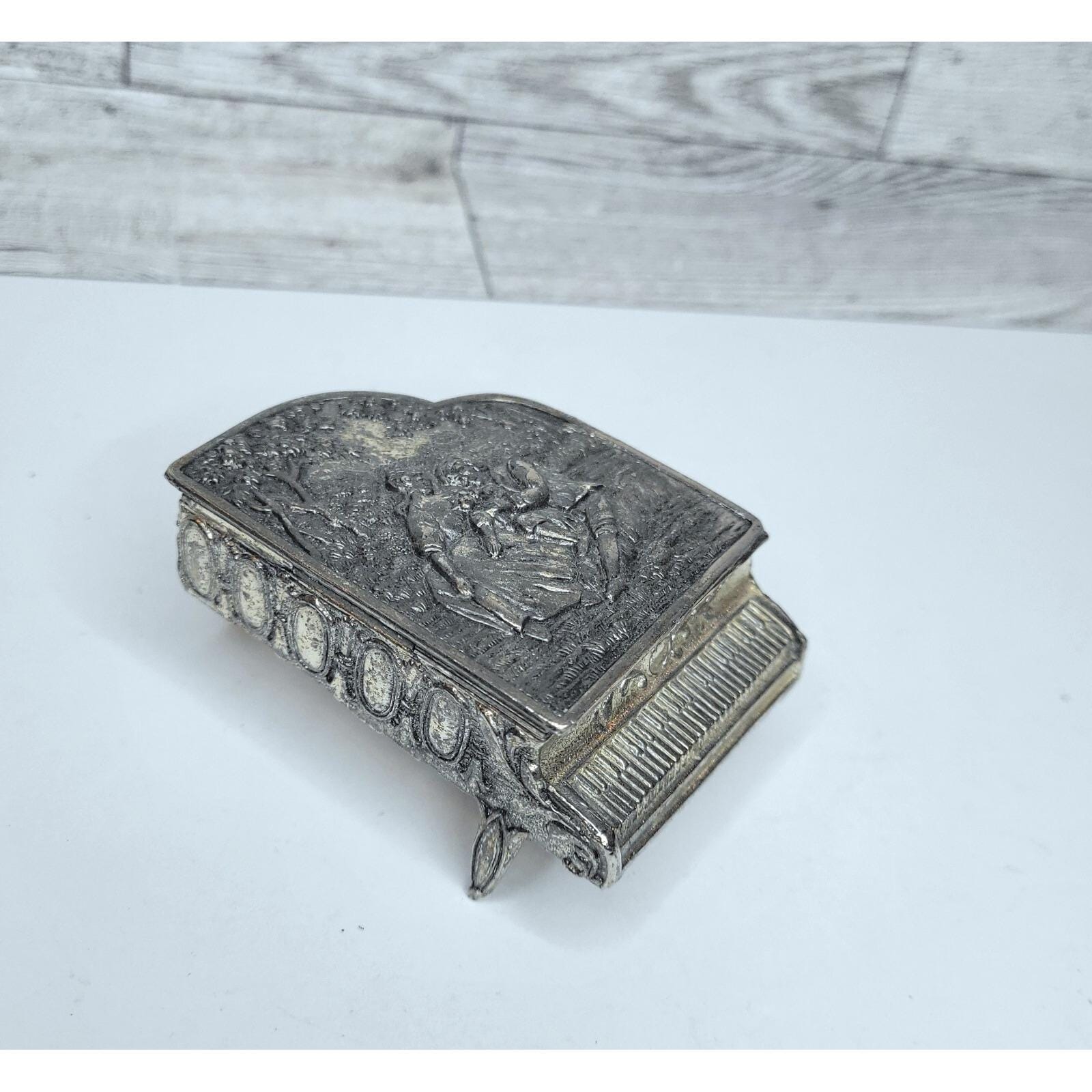 Antique Pewter Trinket Box Grand Piano Hinged Lid Red Velvety