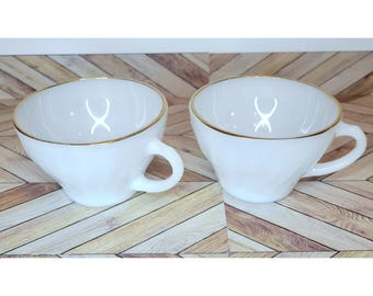 2 tazas de té antiguas de Anchor Hocking Fire King con borde dorado y remolino, aptas para horno