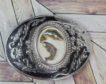vintage style fish Trout belt buckle Silver metal design Inlaid resin - READ