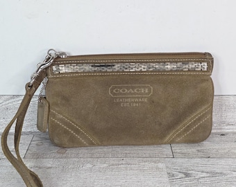 Vintage Y2K Coach Suede Wristlet Bag Metallic Woven Trim Gold Tan - Flawed Read!
