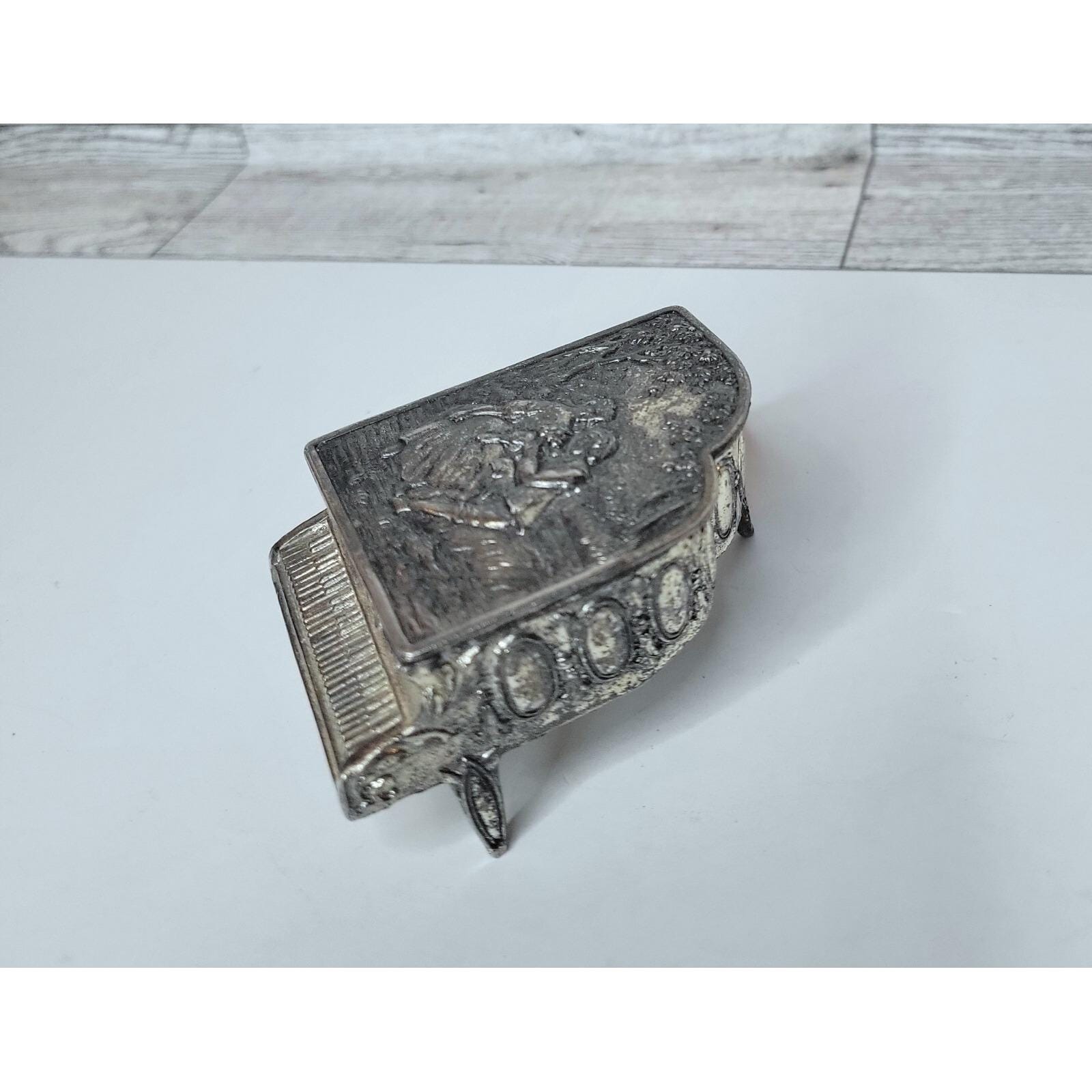 Antique Pewter Trinket Box Grand Piano Hinged Lid Red Velvety