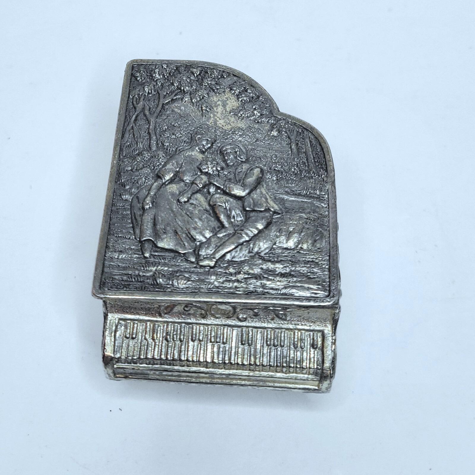 Antique Pewter Trinket Box Grand Piano Hinged Lid Red Velvety