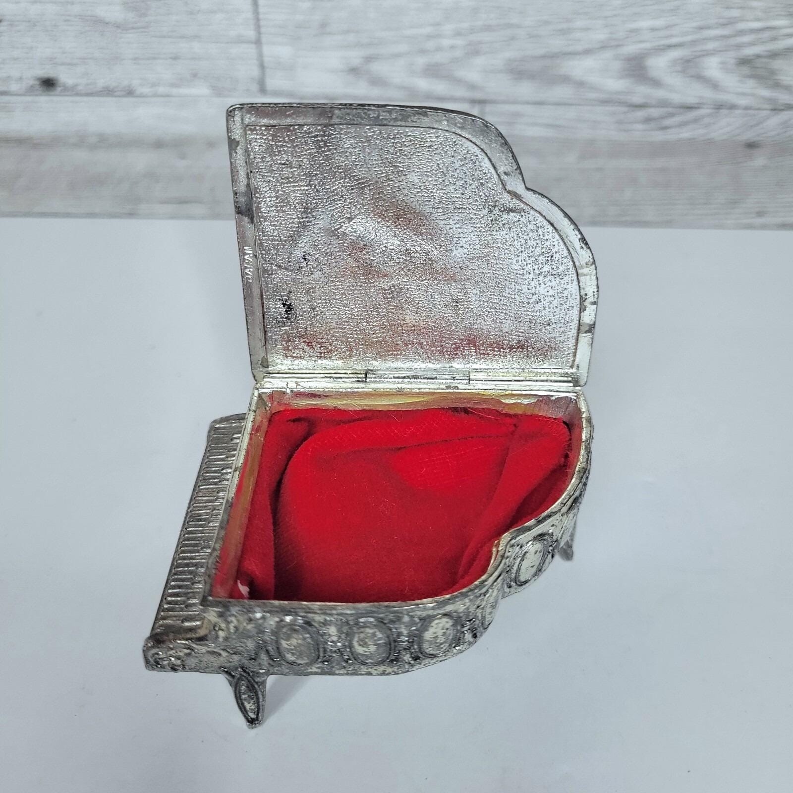 Antique Pewter Trinket Box Grand Piano Hinged Lid Red Velvety