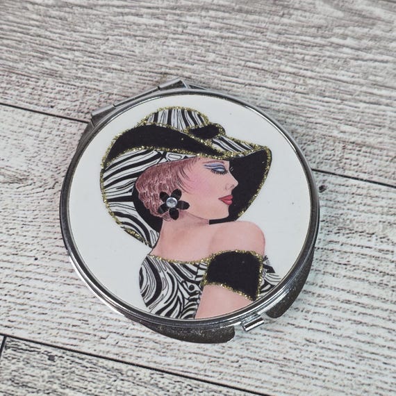 Flapper Art Deco Hinged Round Compact Mirror Make… - image 1