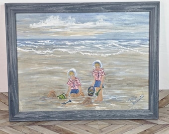 VTG Summer Days Children Playing On The Beach Painting By Marilyn Bennett