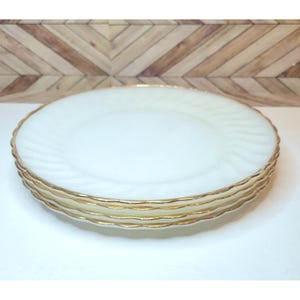 4 Anchor Hocking FIRE KING White Swirl Milk Glass Gold Trim 10&quot; Dinner Plates