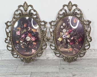 VTG Pair of Brass Filigree Italian Floral Wall Art Ornate Convex bubble glass