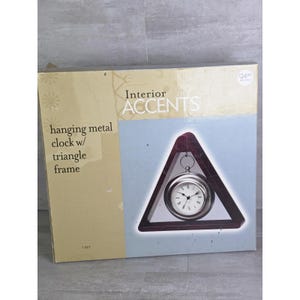 VTG Interior Accents hanging metal clock w. triangular wooden frame Shelf Decor