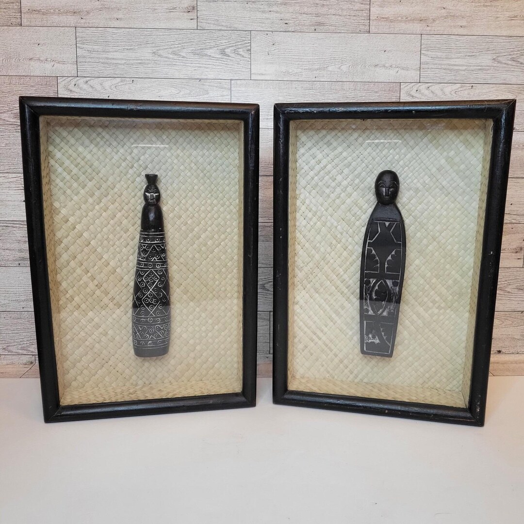 VTG Pair of African Art Wood Carved Shadow Box Wall Display Glass 20th ...