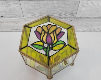 1970s Floral Stained Glass Gold Mirrored Hinged Brass Jewelry Case Trinket Dish