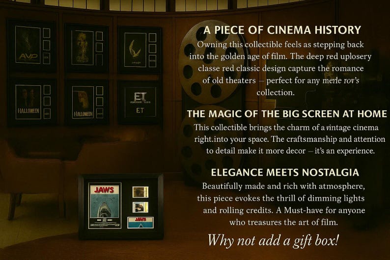 The image is a collage of various framed movie posters and a framed movie reel, all displayed on a wall.