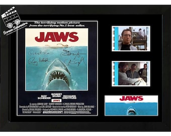 Wyświetlacz kasety filmowej JAWS. Niesamowity, podpisany przedmiot kolekcjonerski. Z certyfikatem autentyczności.