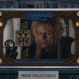 Labyrintscherm gebruikt Jareth-shirt staaldisplay met COA David Bowie-filmrekwisiet