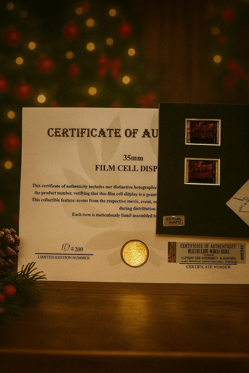 The image is a limited edition certificate of authenticity for a 35mm film cell disp, featuring a film cell disp and two film cell disp stamps.