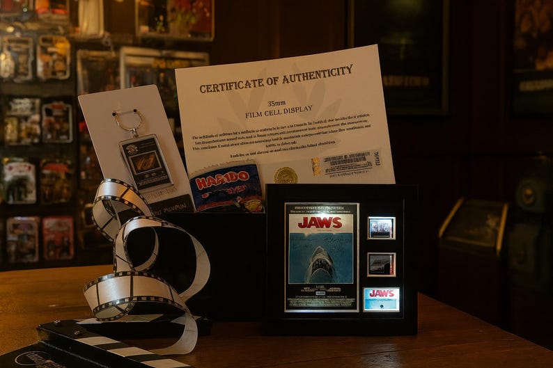 a framed poster of the movie "Jaws", a keychain, and a certificate of authenticity for a film cell display.