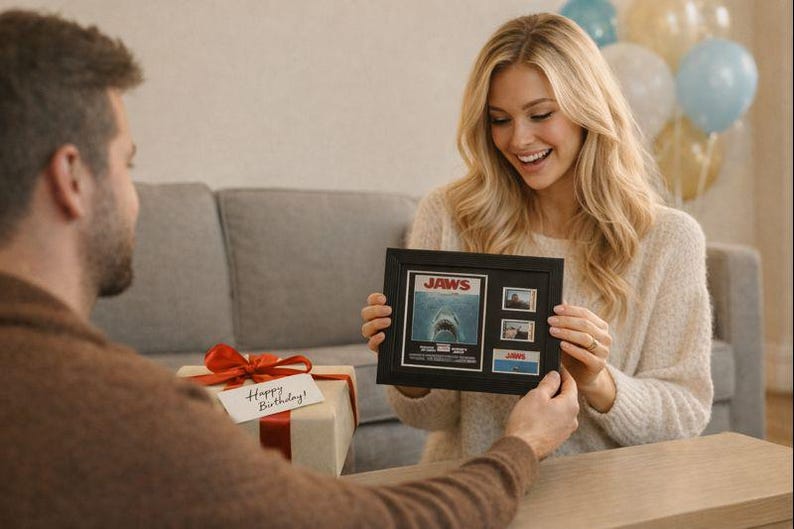 A man is presenting a framed picture of a shark to a smiling woman, who is holding the framed picture.