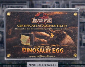 May include: A framed Jurassic Park certificate of authenticity. The certificate features the Jurassic Park logo, text, and an image of a dinosaur egg. The words "SCREEN USED DINOSAUR EGG" are prominently displayed.