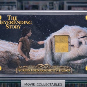 Può includere: Un oggetto da collezione incorniciato con un'opera d'arte tratta da "La storia infinita". L'immagine mostra una scena con un ragazzo e Falkor, il Drago Fortuna, con un frammento dorato usato sullo schermo. Il testo "SCREEN USED FRAGMENT OF FALKOR" è visibile.
