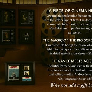 The image is a collage of various framed movie posters and a framed movie reel, all displayed on a wall.