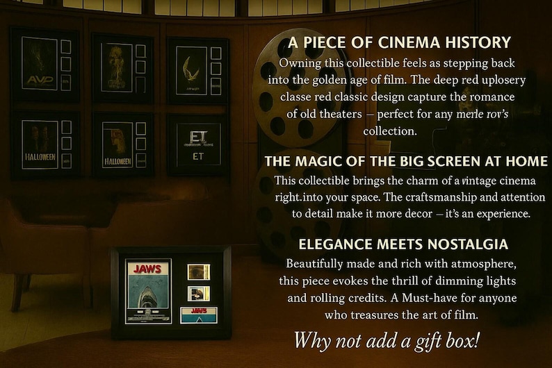 The image is a collage of various framed movie posters and a framed movie reel, all displayed on a wall.