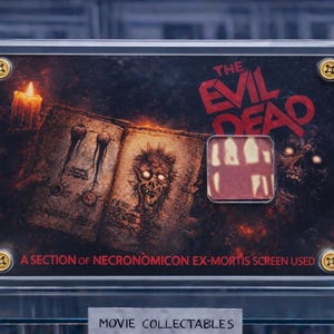 Op de afbeelding: Een ingelijst verzamelobject met elementen uit de film "Evil Dead". Het toont de titel in het rood, een afbeelding van de Necronomicon en een schermgedeelte. Het frame is bevestigd met goudkleurige schroeven. De tekst luidt "A SECTION OF NECRONOMICON EX-MORTIS SCREEN USED."